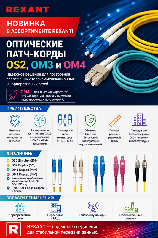 Новые оптические патч-корды OS2, OM3 и OM4 от REXANT: широкий ассортимент исполнений и высокая безопасность